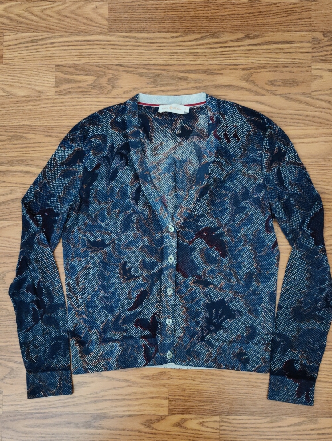 Tory Burch Navy, Cranberry And Cream Color Trendy Patterned V-Neck Cardigan